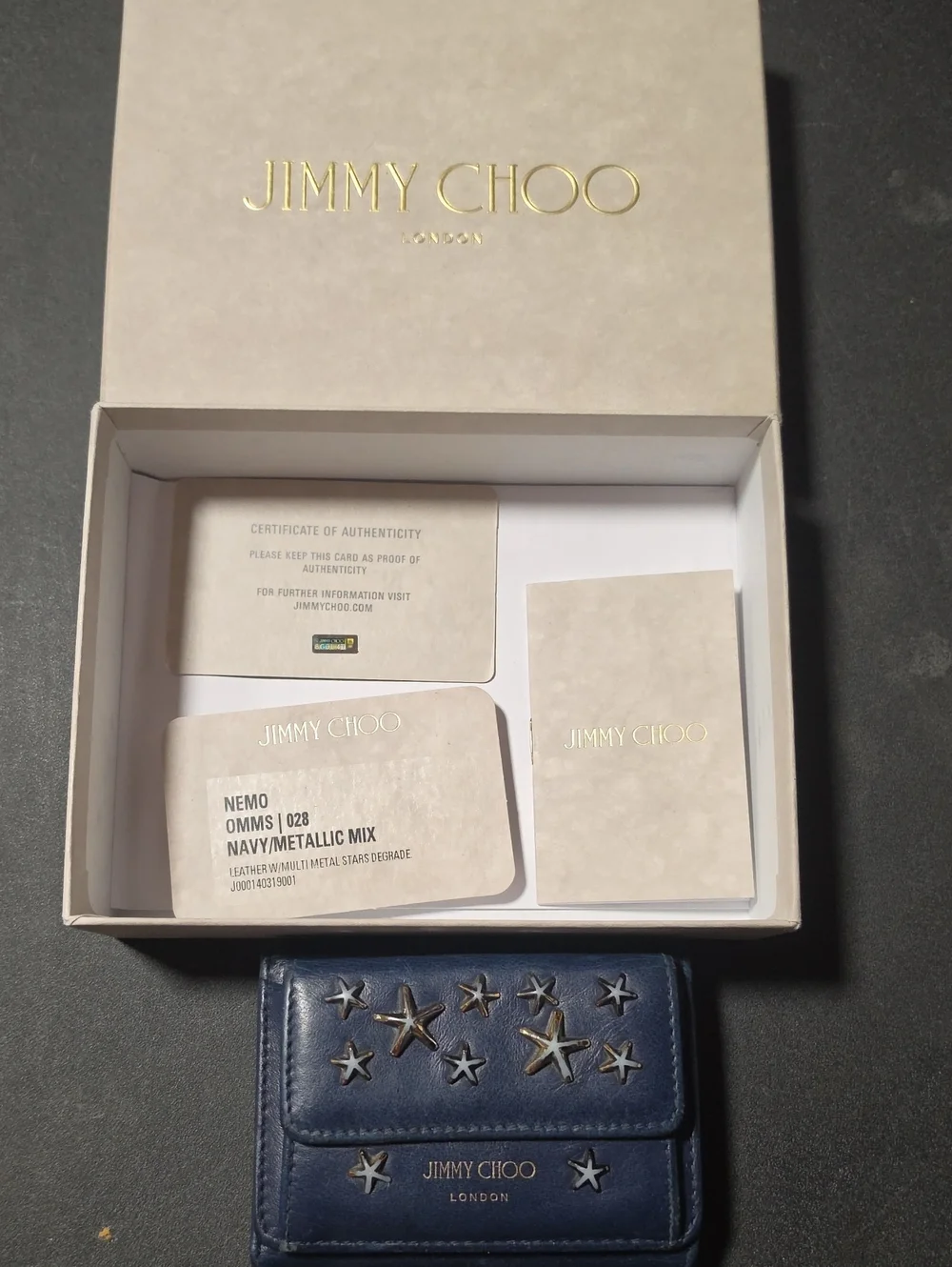 Jimmy Choo Navy Leather Card Holder with Metallic Star Accents